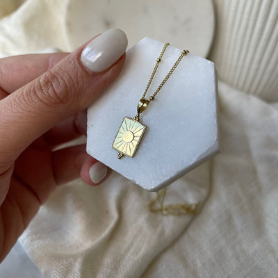 Radiating Sun 14K Gold Plated Sterling Silver Rectangle Necklace, Dainty Gold Sun on Ball Chain, Adjustable Gold Layering Necklace,