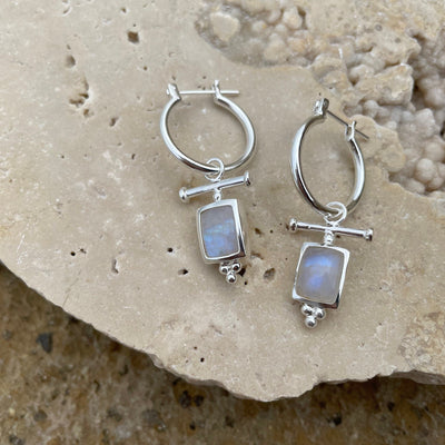 Amalia Sterling Silver Moonstone Hoops with Detachable Charms, Rectangle Moonstone Earrings, Silver Earrings, Hoops Charms, June Birthstone