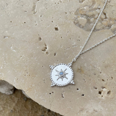 Isabelle Sterling Silver Rainbow Moonstone Necklaces,Gift for Her, Cosmic Jewelry, Silver Medallion Necklace, Silver Cosmic Pendant Necklace