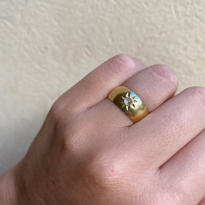 Nova 14K Gold Plated Moonstone Statement Ring, Womens Gold Moonstone Ring, Gold Star Ring, Cosmic Jewellery, Handmade Chunky Celestial Ring