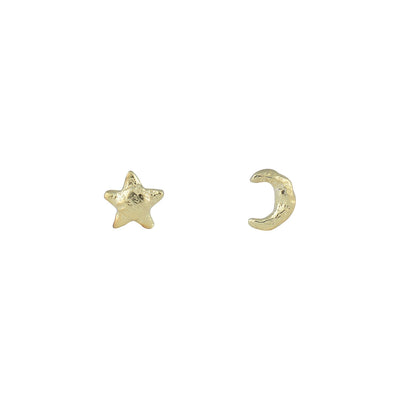 Cosmic Lover 14K Gold Sun and Moon Mini Stud Earrings, Micro Gold Cosmic Studs Moon Sun, Tiny Moon Stud Earrings Gold, Second Piercing Studs