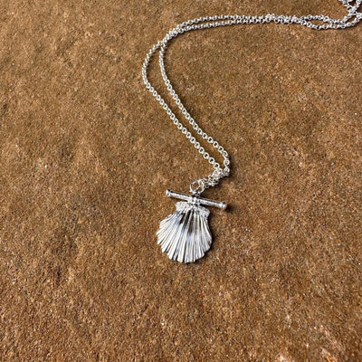 Sirena Shell Necklace Sterling Silver Ocean Jewelry Handmade Shell Pendant T Bar Style Ocean Necklace made for Layering Sea Inspired Pendant